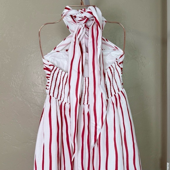 Commense Striped Twist Halter Maxi Dress Red White Smocked Back Small NWT - Picture 7 of 11
